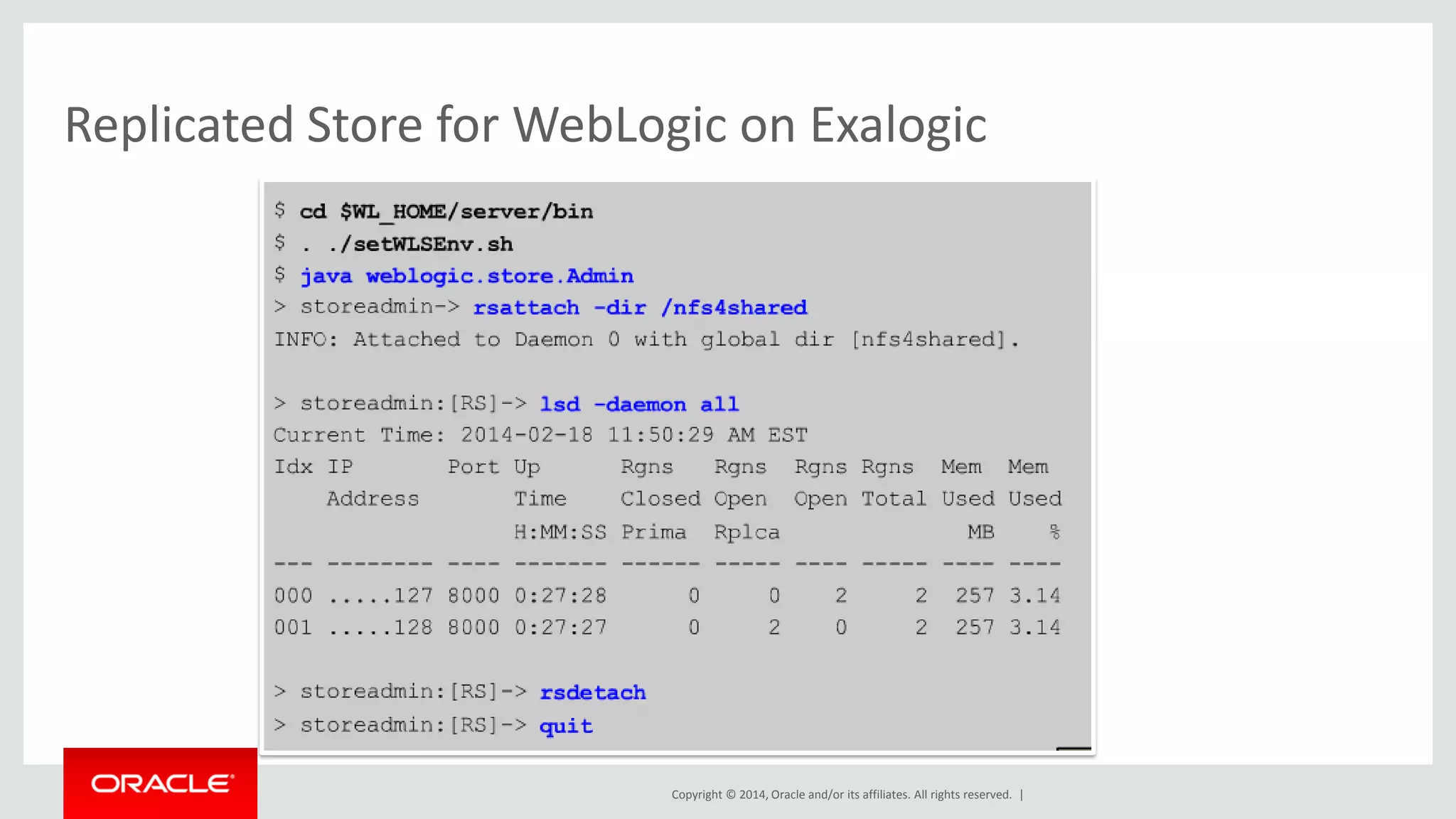 Copyright © 2014, Oracle and/or its affiliates. All rights reserved. |
Replicated Store for WebLogic on Exalogic
 