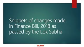 Snippets of changes made
in Finance Bill, 2018 as
passed by the Lok Sabha
 