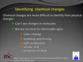 Identifying chemical changes
Chemical changes are more difficult to identify than physical
changes
       Can’t see changes in molecules
       But we can look for observable signs
               color change
               bubbling and fizzing
               light production
               smoke, and
               presence of heat

        http://www.usoe.k12.ut.us/curr/Science/sciber00/8th/matter/
        sciber/chemchng.htm
 
