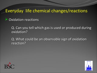 Everyday life chemical changes/reactions
 Oxidation reactions

    Q. Can you tell which gas is used or produced during
    oxidation?
    Q. What could be an observable sign of oxidation
    reaction?
 