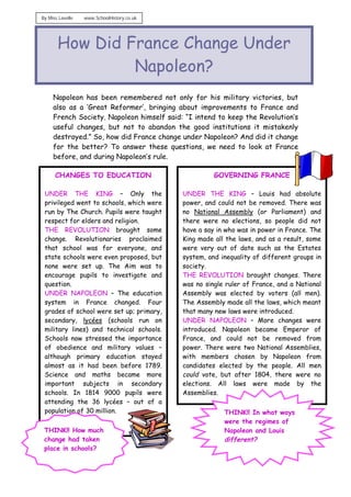 By Miss Lavelle   www.SchoolHistory.co.uk




       How Did France Change Under
                Napoleon?
     Napoleon has been remembered not only for his military victories, but
     also as a ‘Great Reformer’, bringing about improvements to France and
     French Society. Napoleon himself said: “I intend to keep the Revolution’s
     useful changes, but not to abandon the good institutions it mistakenly
     destroyed.” So, how did France change under Napoleon? And did it change
     for the better? To answer these questions, we need to look at France
     before, and during Napoleon’s rule.

      CHANGES TO EDUCATION                            GOVERNING FRANCE

 UNDER THE KING – Only the                  UNDER THE KING – Louis had absolute
 privileged went to schools, which were     power, and could not be removed. There was
 run by The Church. Pupils were taught      no National Assembly (or Parliament) and
 respect for elders and religion.           there were no elections, so people did not
 THE REVOLUTION brought some                have a say in who was in power in France. The
 change. Revolutionaries proclaimed         King made all the laws, and as a result, some
 that school was for everyone, and          were very out of date such as the Estates
 state schools were even proposed, but      system, and inequality of different groups in
 none were set up. The Aim was to           society.
 encourage pupils to investigate and        THE REVOLUTION brought changes. There
 question.                                  was no single ruler of France, and a National
 UNDER NAPOLEON – The education             Assembly was elected by voters (all men).
 system in France changed. Four             The Assembly made all the laws, which meant
 grades of school were set up; primary,     that many new laws were introduced.
 secondary, lycées (schools run on          UNDER NAPOLEON – More changes were
 military lines) and technical schools.     introduced. Napoleon became Emperor of
 Schools now stressed the importance        France, and could not be removed from
 of obedience and military values –         power. There were two National Assemblies,
 although primary education stayed          with members chosen by Napoleon from
 almost as it had been before 1789.         candidates elected by the people. All men
 Science and maths became more              could vote, but after 1804, there were no
 important subjects in secondary            elections. All laws were made by the
 schools. In 1814 9000 pupils were          Assemblies.
 attending the 36 lycées – out of a
 population of 30 million.                               THINK!! In what ways
                                                         were the regimes of
 THINK!! How much                                        Napoleon and Louis
 change had taken                                        different?
 place in schools?
 