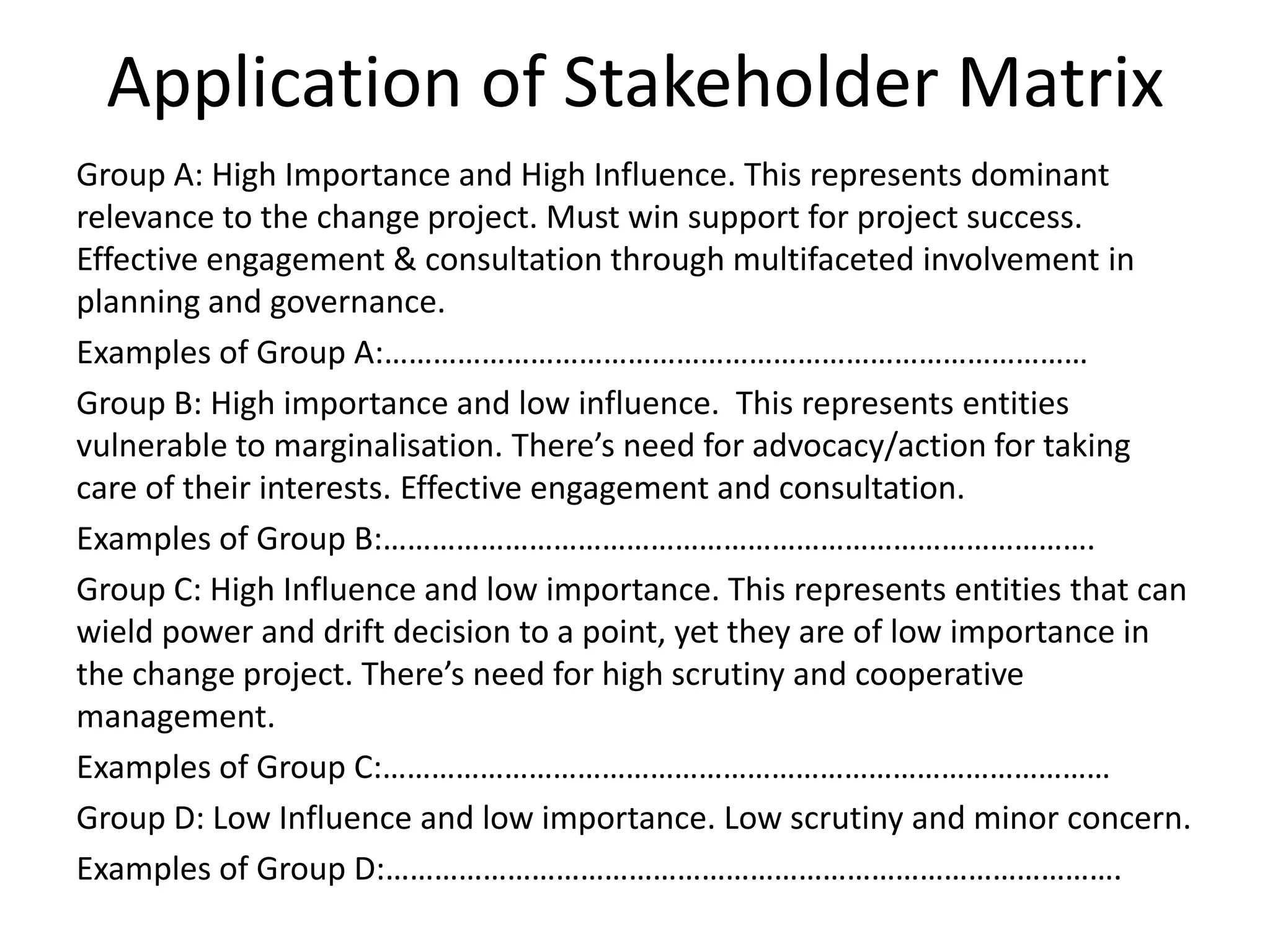 Application of Stakeholder Matrix
Group A: High Importance and High Influence. This represents dominant
relevance to the change project. Must win support for project success.
Effective engagement & consultation through multifaceted involvement in
planning and governance.
Examples of Group A:……………………………………………………………………………
Group B: High importance and low influence. This represents entities
vulnerable to marginalisation. There’s need for advocacy/action for taking
care of their interests. Effective engagement and consultation.
Examples of Group B:…………………………………………………………………………….
Group C: High Influence and low importance. This represents entities that can
wield power and drift decision to a point, yet they are of low importance in
the change project. There’s need for high scrutiny and cooperative
management.
Examples of Group C:………………………………………………………………………………
Group D: Low Influence and low importance. Low scrutiny and minor
concern.
Examples of Group D:……………………………………………………………………………….
 
