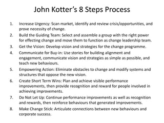 John Kotter’s 8 Steps Process
1. Increase Urgency: Scan market, identify and review crisis/opportunities, and
prove necess...