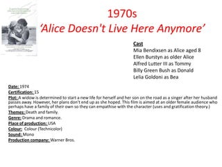 1970s
‘Alice Doesn't Live Here Anymore’
Cast
Mia Bendixsen as Alice aged 8
Ellen Burstyn as older Alice
Alfred Lutter III as Tommy
Billy Green Bush as Donald
Lelia Goldoni as Bea
Date: 1974
Certification: 15
Plot: A widow is determined to start a new life for herself and her son on the road as a singer after her husband
passes away. However, her plans don’t end up as she hoped. This film is aimed at an older female audience who
perhaps have a family of their own so they can empathise with the character (uses and gratification theory.)
Themes: Death and family.
Genre: Drama and romance.
Place of production: USA
Colour: Colour (Technicolor)
Sound: Mono
Production company: Warner Bros.

 
