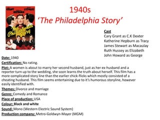 1940s
‘The Philadelphia Story’
Cast
Cary Grant as C.K Dexter
Katherine Hepburn as Tracy
James Stewart as Macaulay
Ruth Hussey as Elizabeth
John Howard as George

Date: 1940
Certification: No rating.
Plot: A women is about to marry her second husband, just as her ex-husband and a
reporter turn up to the wedding, she soon learns the truth about herself. This film has a
more complicated story line than the earlier chick-flicks which mostly consisted of a
cheating husband. This film seems entertaining due to it’s humorous storyline, however
easily identified with.
Themes: Divorce and marriage
Genre: Comedy and Romance
Place of production: USA
Colour: Black and white
Sound: Mono (Western Electric Sound System)
Production company: Metro-Goldwyn-Mayer (MGM)

 