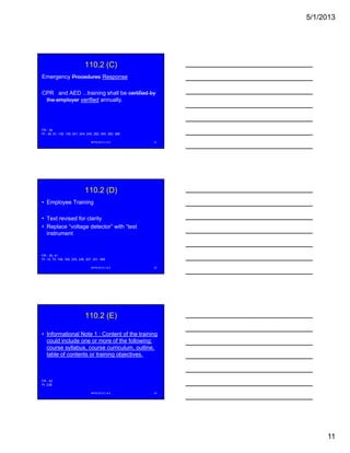 5/1/2013
11
110.2 (C)
Emergency Procedures Response
CPR and AED ...training shall be certified by
the employer verified annuallythe employer verified annually.
NFPA 2013 C & E 31
FR - 34
PI - 40, 61, 136, 139, 241, 244, 245, 292, 340, 383, 386
110.2 (D)
• Employee Training
• Text revised for clarity
• Replace “voltage detector” with “test• Replace voltage detector with test
instrument
NFPA 2013 C & E 32
FR - 39, 41
PI -12, 73, 159, 160, 235, 236, 307, 331, 388
110.2 (E)
• Informational Note 1 : Content of the training
could include one or more of the following:
course syllabus, course curriculum, outline,
table of contents or training objectives.
NFPA 2013 C & E 33
FR - 42
PI -236
 