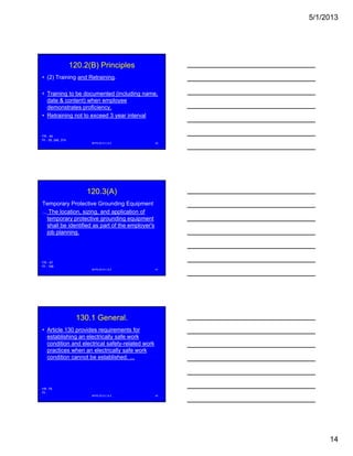 5/1/2013
14
120.2(B) Principles
• (2) Training and Retraining.
• Training to be documented (including name,
date & content) when employeedate & content) when employee
demonstrates proficiency.
• Retraining not to exceed 3 year interval
NFPA 2013 C & E 40
FR - 60
PI - 39, 246, 374
120.3(A)
Temporary Protective Grounding Equipment
... The location, sizing, and application of
temporary protective grounding equipment
shall be identified as part of the employer'sp p y
job planning.
NFPA 2013 C & E 41
FR - 67
PI - 168
130.1 General.
• Article 130 provides requirements for
establishing an electrically safe work
condition and electrical safety-related work
practices when an electrically safe work
condition cannot be established. ...
NFPA 2013 C & E 42
FR -79
PI -
 