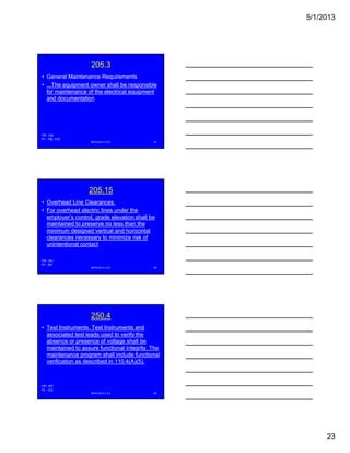 5/1/2013
23
205.3
• General Maintenance Requirements
• ...The equipment owner shall be responsible
for maintenance of the electrical equipment
and documentation
NFPA 2013 C & E 67
FR -155
PI - 182, 473
205.15
• Overhead Line Clearances.
• For overhead electric lines under the
employer’s control, grade elevation shall be
maintained to preserve no less than thep
minimum designed vertical and horizontal
clearances necessary to minimize risk of
unintentional contact
NFPA 2013 C & E 68
FR -161
PI - 301
250.4
• Test Instruments. Test Instruments and
associated test leads used to verify the
absence or presence of voltage shall be
maintained to assure functional integrity. The
maintenance program shall include functional
verification as described in 110.4(A)(5).
NFPA 2013 C & E 69
FR -167
PI - 312
 