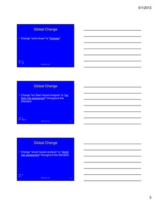 5/1/2013
3
Global Change
• Change "work shoes" to "footwear"
NFPA 2013 C & E 7
FR - 11
PI - 124
Global Change
• Change "arc flash hazard analysis" to "arc
flash risk assessment" throughout this
Standard
NFPA 2013 C & E 8
FR - 5
PI - 146, 81
Global Change
• Change "shock hazard analysis" to "shock
risk assessment" throughout this Standard.
NFPA 2013 C & E 9
FR - 6
PI -
 