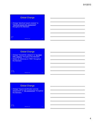 5/1/2013
4
Global Change
• Change "electrical hazard analysis" to
"electrical hazard risk assessment"
throughout the Standardg
NFPA 2013 C & E 10
FR -7
PI -
Global Change
• Change "hazard/risk category" to "arc flash
PPE category" throughout the Standard.
• Delete all references to "HRC" throughout
the Standard.
NFPA 2013 C & E 11
FR -70
PI - 172
Global Change
• Change "hazard identification and risk
assessment" to "risk assessment" throughout
the Standard.
NFPA 2013 C & E 12
FR - 8
PI - 151
 
