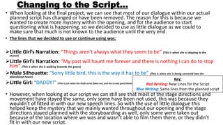 Changing to the Script…
• When looking at the final project, we can see that most of our dialogue within our actual
planned script has changed or have been removed. The reason for this is because we
wanted to create more mystery within the opening, and for the audience to start
questioning what is happening, so we decided to use as little dialogue as we could to
make sure that much is not known to the audience until the very end.
• The lines that we decided to use or continue using was:
Little Girl’s Narration: “Things aren’t always what they seem to be” (This is when she is skipping to the
church)
Little Girl’s Narration: “My past will haunt me forever and there is nothing I can do to stop
him” (This is when she is walking towards the grave)
Male Silhouette: “Sorry little bird, this is the way it has to be” (This is when she is being cornered into the
abandoned house)
Little Girl: “DADDY!” (This is just when the knife scene fades out, and the screen goes blank)
• However, when looking at our script we can still see that most of the stage directions and
movement have stayed the same, only some have been not used, this was because they
wouldn’t of fitted in with our new speech lines. So with the use of little dialogue this
helped keep the mystery that we mainly wanted throughout our opening and the stage
directions stayed planned with the storyboarding as well, only some were taken out
because of the location where we was and wasn’t able to film them there, or they didn’t
fit in with our new script.
Key:
Red Writing: New Lines for the Script
Blue Writing: Same lines from the planned script
 