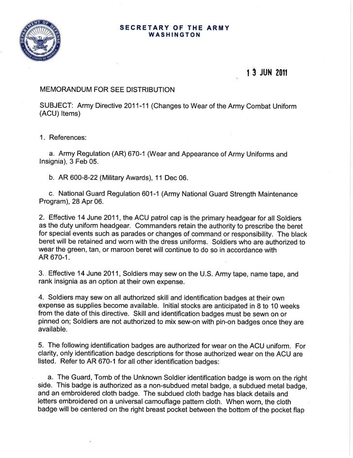 Changes to wear of Army Combat Uniform from DoD