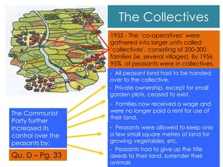 1955 - The ‘co-operatives’ were
gathered into larger units called
‘collectives’, consisting of 200-300
families (ie. several villages). By 1956
95% of peasants were in collectives.
The Communist
Party further
increased its
control over the
peasants by:
- All peasant land had to be handed
over to the collective.
- Private ownership, except for small
garden plots, ceased to exist.
- Peasants had to give up the title
deeds to their land, surrender their
animals
- Families now received a wage and
were no longer paid a rent for use of
their land.
- Peasants were allowed to keep only
a few small square metres of land for
growing vegetables, etc.
The Collectives
Qu. D – Pg. 33
 