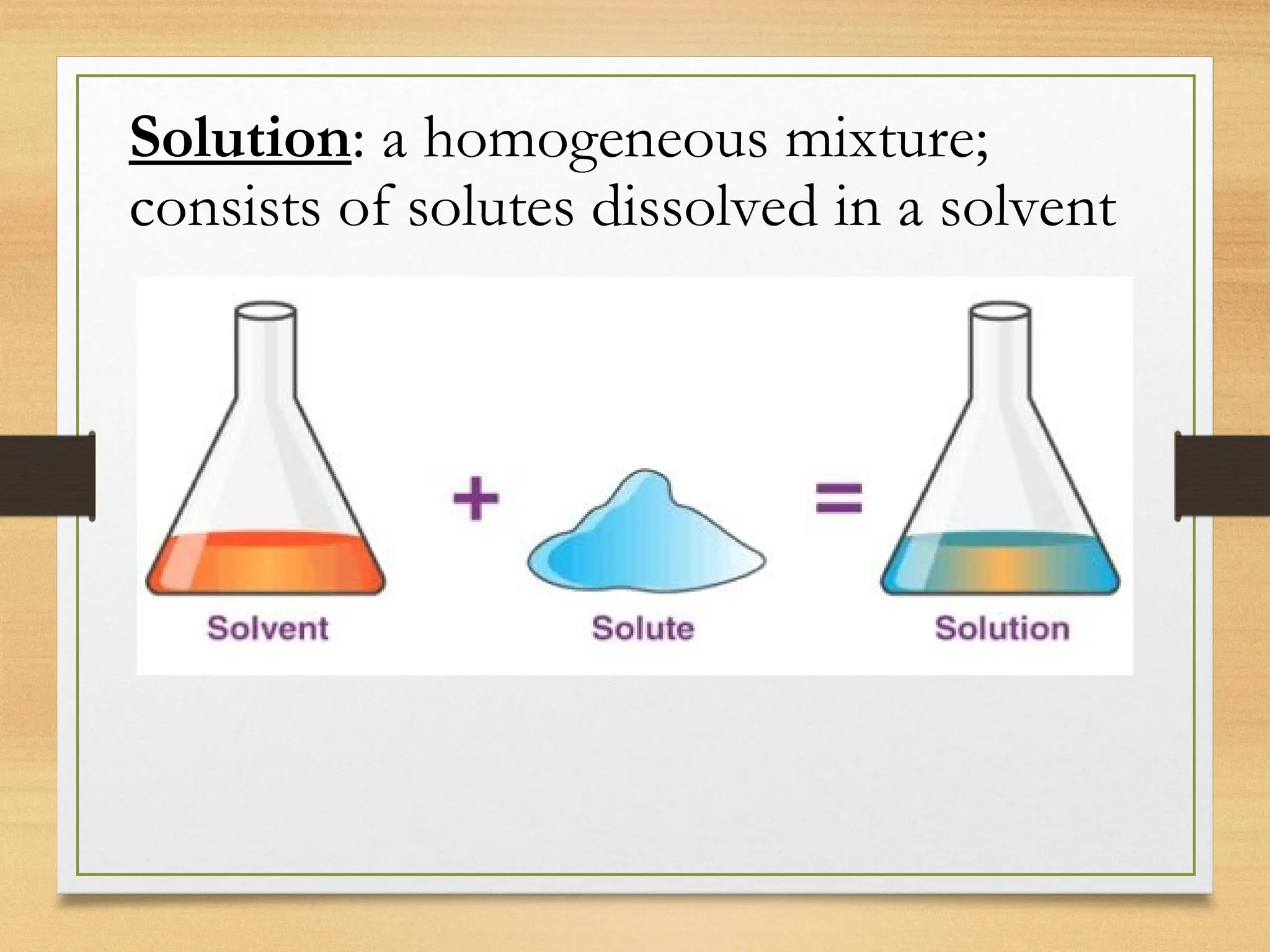 Solution: a homogeneous mixture;
consists of solutes dissolved in a solvent
 