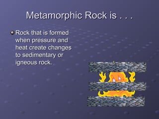 Metamorphic Rock is . . .Metamorphic Rock is . . .
Rock that is formedRock that is formed
when pressure andwhen pressure and
heat create changesheat create changes
to sedimentary orto sedimentary or
igneous rock.igneous rock.
 