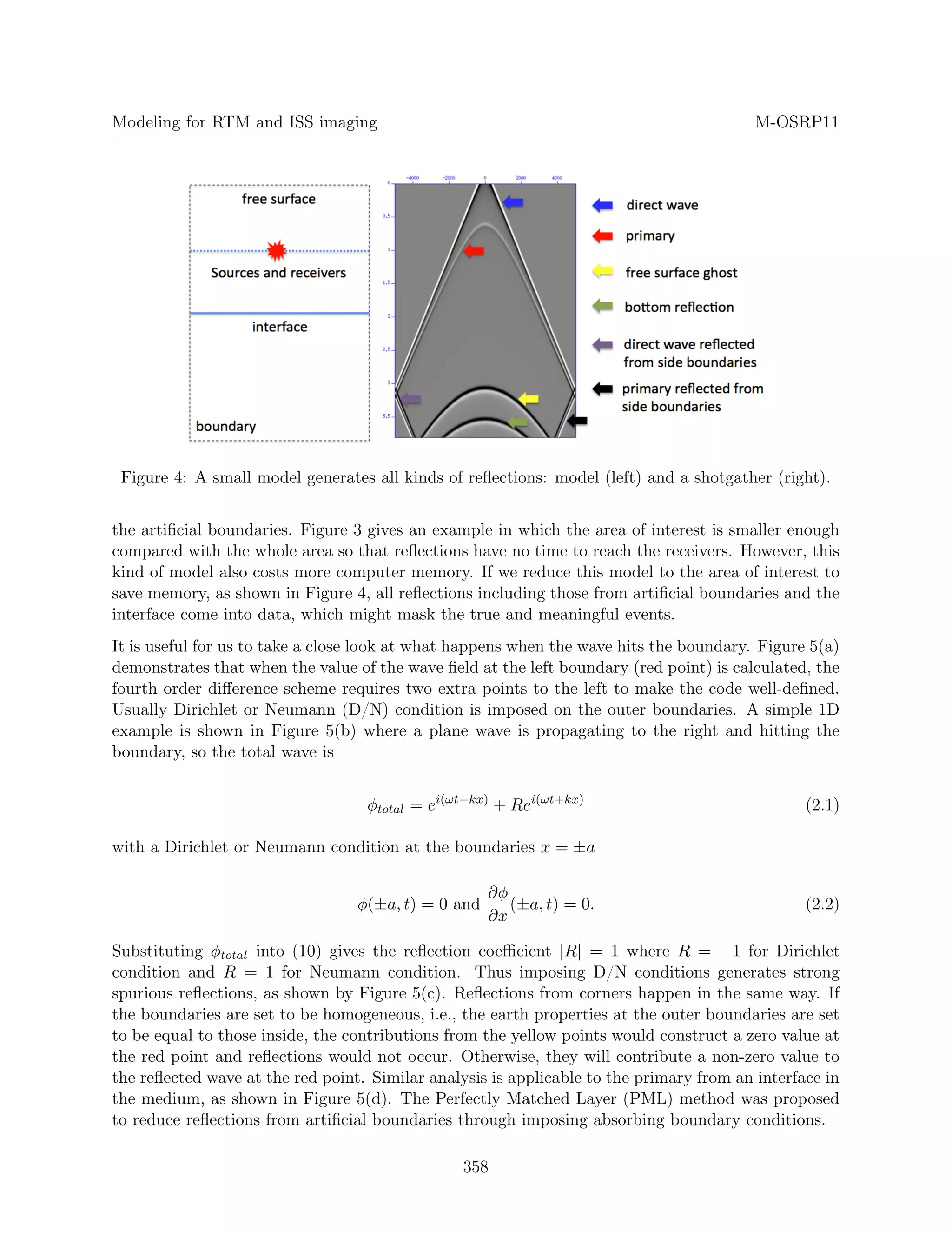 Modeling for RTM and ISS imaging M-OSRP11
Figure 4: A small model generates all kinds of reﬂections: model (left) and a shotgather (right).
the artiﬁcial boundaries. Figure 3 gives an example in which the area of interest is smaller enough
compared with the whole area so that reﬂections have no time to reach the receivers. However, this
kind of model also costs more computer memory. If we reduce this model to the area of interest to
save memory, as shown in Figure 4, all reﬂections including those from artiﬁcial boundaries and the
interface come into data, which might mask the true and meaningful events.
It is useful for us to take a close look at what happens when the wave hits the boundary. Figure 5(a)
demonstrates that when the value of the wave ﬁeld at the left boundary (red point) is calculated, the
fourth order diﬀerence scheme requires two extra points to the left to make the code well-deﬁned.
Usually Dirichlet or Neumann (D/N) condition is imposed on the outer boundaries. A simple 1D
example is shown in Figure 5(b) where a plane wave is propagating to the right and hitting the
boundary, so the total wave is
φtotal = ei(ωt−kx)
+ Rei(ωt+kx)
(2.1)
with a Dirichlet or Neumann condition at the boundaries x = ±a
φ(±a, t) = 0 and
∂φ
∂x
(±a, t) = 0. (2.2)
Substituting φtotal into (10) gives the reﬂection coeﬃcient |R| = 1 where R = −1 for Dirichlet
condition and R = 1 for Neumann condition. Thus imposing D/N conditions generates strong
spurious reﬂections, as shown by Figure 5(c). Reﬂections from corners happen in the same way. If
the boundaries are set to be homogeneous, i.e., the earth properties at the outer boundaries are set
to be equal to those inside, the contributions from the yellow points would construct a zero value at
the red point and reﬂections would not occur. Otherwise, they will contribute a non-zero value to
the reﬂected wave at the red point. Similar analysis is applicable to the primary from an interface in
the medium, as shown in Figure 5(d). The Perfectly Matched Layer (PML) method was proposed
to reduce reﬂections from artiﬁcial boundaries through imposing absorbing boundary conditions.
358
 