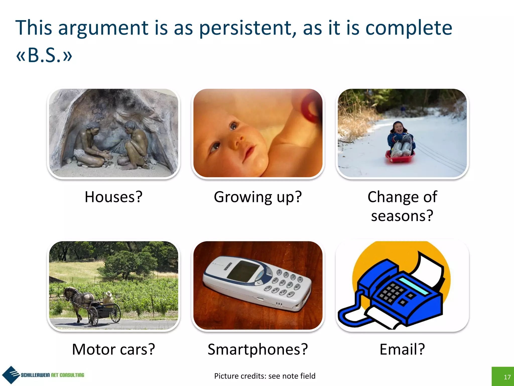 17
This argument is as persistent, as it is complete
«B.S.»
Houses? Growing up? Change of
seasons?
Motor cars? Smartphones? Email?
Picture credits: see note field
 