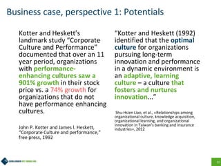 12
Business case, perspective 1: Potentials
Kotter and Heskett’s
landmark study “Corporate
Culture and Performance”
documented that over an 11
year period, organizations
with performance-
enhancing cultures saw a
901% growth in their stock
price vs. a 74% growth for
organizations that do not
have performance enhancing
cultures.
John P. Kotter and James l. Heskett,
“Corporate Culture and performance,”
free press, 1992
“Kotter and Heskett (1992)
identified that the optimal
culture for organizations
pursuing long-term
innovation and performance
in a dynamic environment is
an adaptive, learning
culture – a culture that
fosters and nurtures
innovation...”
Shu-Hsien Liao, et al., «Relationships among
organizational culture, knowledge acquisition,
organizational learning, and organizational
innovation in Taiwan's banking and insurance
industries», 2012
 