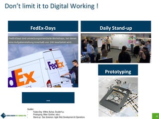 33
Don’t limit it to Digital Working !
FedEx-Days Daily Stand-up
Prototyping
…
Quellen:
- Fedex-Day: Willms Buhse, DoubleYuu
- Prototyping: Milan Günther, eda.c
- Stand-up: Dan Ackerson, Agile Web Development & Operations
 