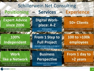40
Schillerwein Net Consulting
Positioning – Services – Experience
Expert Advice
since 2006
100%
Independent
Work
like a Network
Picture credits: Taro Tayler «Canton Trade Fair», https://www.flickr.com/photos/tjt195/380173157/in/album-72157618065013458/
Small by design with a high level of
specialization and expertise
Exclusive focus on what’s best for our
clients, no contracts with software vendors
Access to the right person for any job via
our international partner network
Digital Work-
place: A-Z
Enabling better
digital & agile Ways of Working
50+ Clients
It’s a great pleasure to help our customers
achieve more
From 1 Step to
Full Project
Dedicated support in key or all steps of
your Digital Initiative
Business
Perspective
Making it work from within your
organization
100 to >100k
employees
We have done work for companies of all
sizes, complexities and industries
From 1 day to
>2 years
We support you from one-off workshops to
long-term multi-mandate programs
 