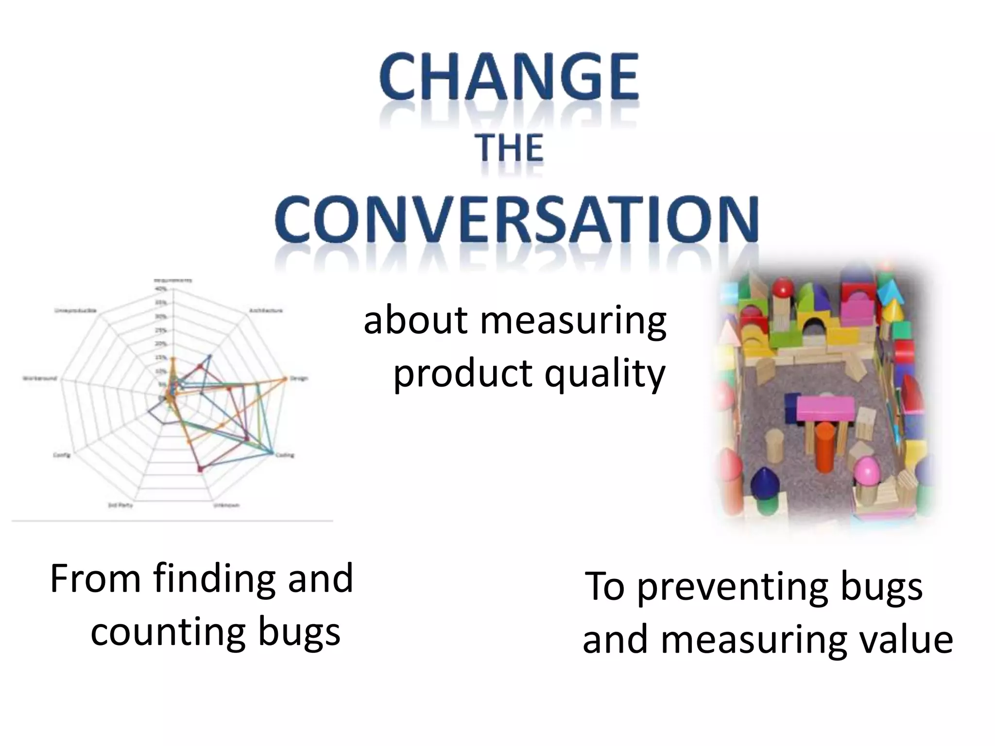 From finding and
counting bugs
To preventing bugs
and measuring value
about measuring
product quality
 