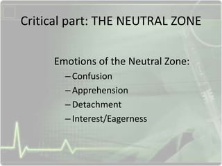 Critical part: THE NEUTRAL ZONE
Emotions of the Neutral Zone:
–Confusion
–Apprehension
–Detachment
–Interest/Eagerness
 