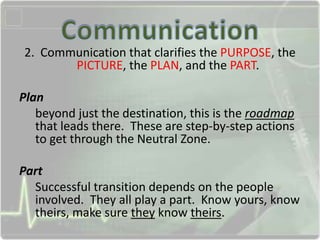 2. Communication that clarifies the PURPOSE, the
PICTURE, the PLAN, and the PART.
Plan
beyond just the destination, this is the roadmap
that leads there. These are step-by-step actions
to get through the Neutral Zone.
Part
Successful transition depends on the people
involved. They all play a part. Know yours, know
theirs, make sure they know theirs.
 