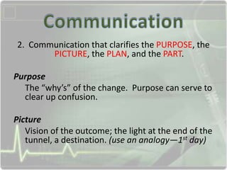 2. Communication that clarifies the PURPOSE, the
PICTURE, the PLAN, and the PART.
Purpose
The “why’s” of the change. Purpo...