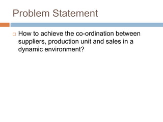Problem Statement
 How to achieve the co-ordination between
suppliers, production unit and sales in a
dynamic environment?
Was Plan revamp undertaken by the company, a
complete waste?
To change or not to change further to the
revamps put in with great efforts?
 