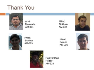 Thank You
Amit
Manwade
AM-304
Milind
Gokhale
AM-317
Pratik
Sharma
AM-323
Nilesh
Kataria
AM-320
Rajavardhan
Reddy
AM-328
 