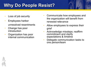 Why Do People Resist? Loss of job security Employees harbor unresolved resentments Change has poor introduction Organization has poor internal communication Communicate how employees and the organization will benefit from renewed relevance Allow employees to express their grief Acknowledge missteps; reaffirm commitment and clarify expectations & timeline Delegate communication tasks to one person/team 