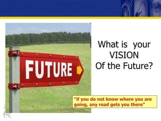 What is  your VISION Of the Future? “ if you do not know where you are going, any road gets you there” 
