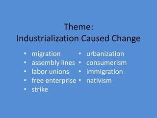Theme:
Industrialization Caused Change
•
•
•
•
•

migration
•
assembly lines •
labor unions •
free enterprise •
strike

urbanization
consumerism
immigration
nativism

 