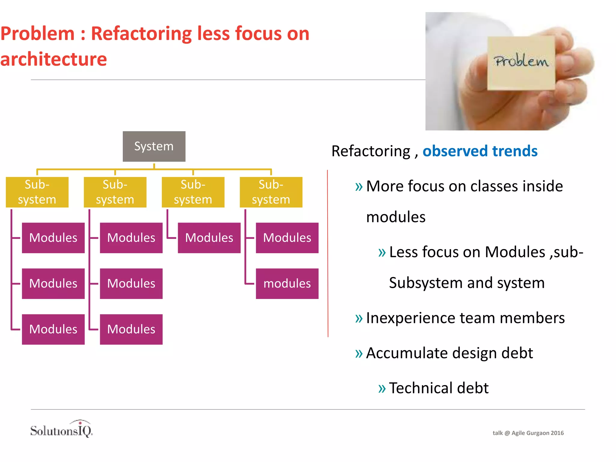 Problem : Refactoring less focus on
architecture
System
Sub-
system
Modules
Modules
Modules
Sub-
system
Modules
Modules
Modules
Sub-
system
Modules
Sub-
system
Modules
modules
Refactoring , observed trends
»More focus on classes inside
modules
»Less focus on Modules ,sub-
Subsystem and system
»Inexperience team members
»Accumulate design debt
»Technical debt
talk @ Agile Gurgaon 2016
 