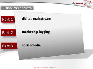 Copyright © by ian fenwick. All rights reserved
digiAindra
Part 1
Part 2
Part 3
digital: mainstream
marketing: lagging
social media
Three topics today.
 