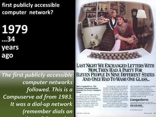 1979
first publicly accessible
computer network?
…34
years
ago
The first publicly accessible
computer networks
followed. This is a
Compuserve ad from 1983.
It was a dial-up network
(remember dials on
 