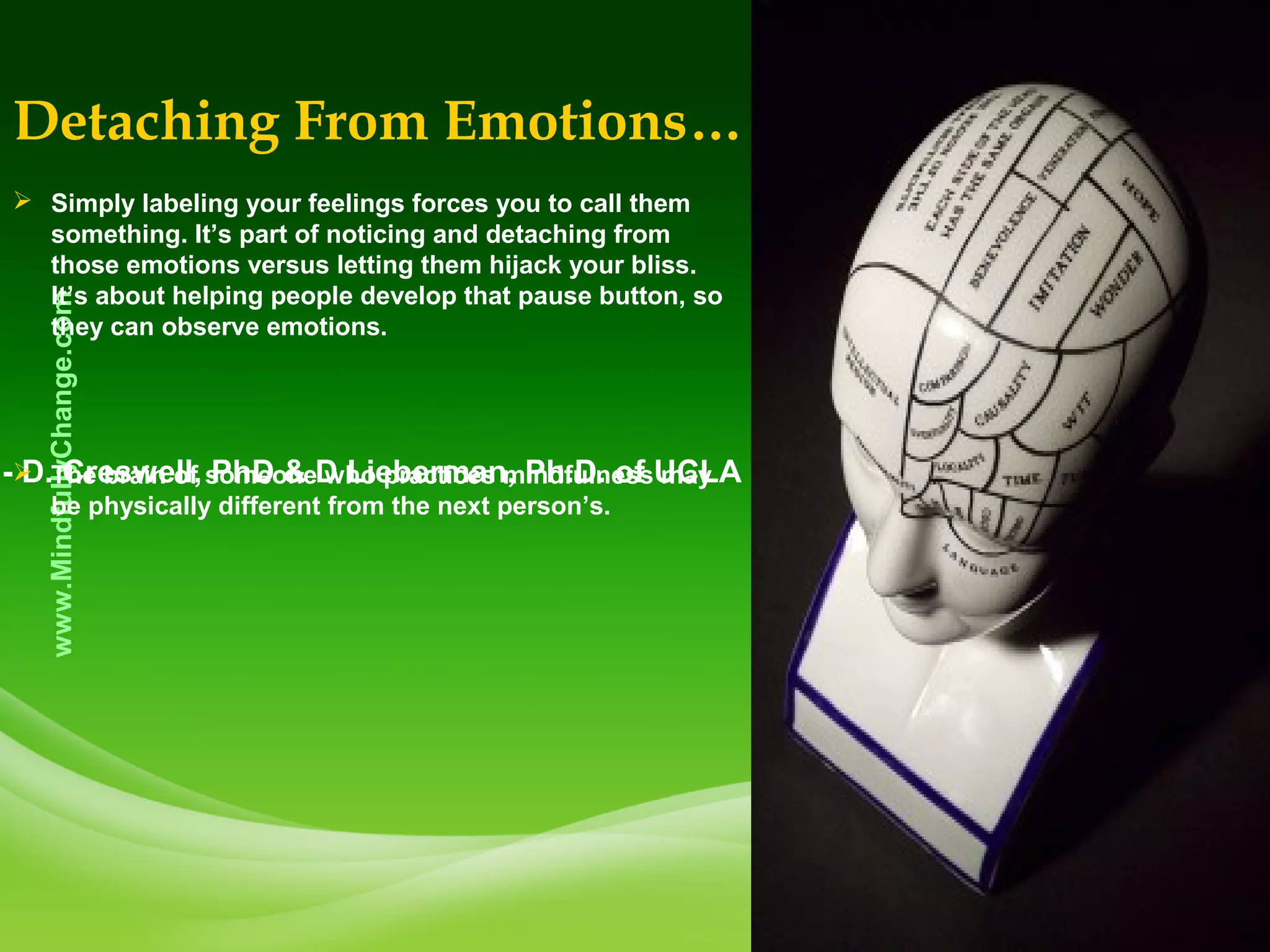 © 2009 Global Change Management, Inc.
www.MindfullyChange.com
Detaching From Emotions…
- D. Creswell, PhD & D Lieberman, Ph.D. of UCLA
 Simply labeling your feelings forces you to call them
something. It’s part of noticing and detaching from
those emotions versus letting them hijack your bliss.
It’s about helping people develop that pause button, so
they can observe emotions.
 The brain of someone who practices mindfulness may
be physically different from the next person’s.
 