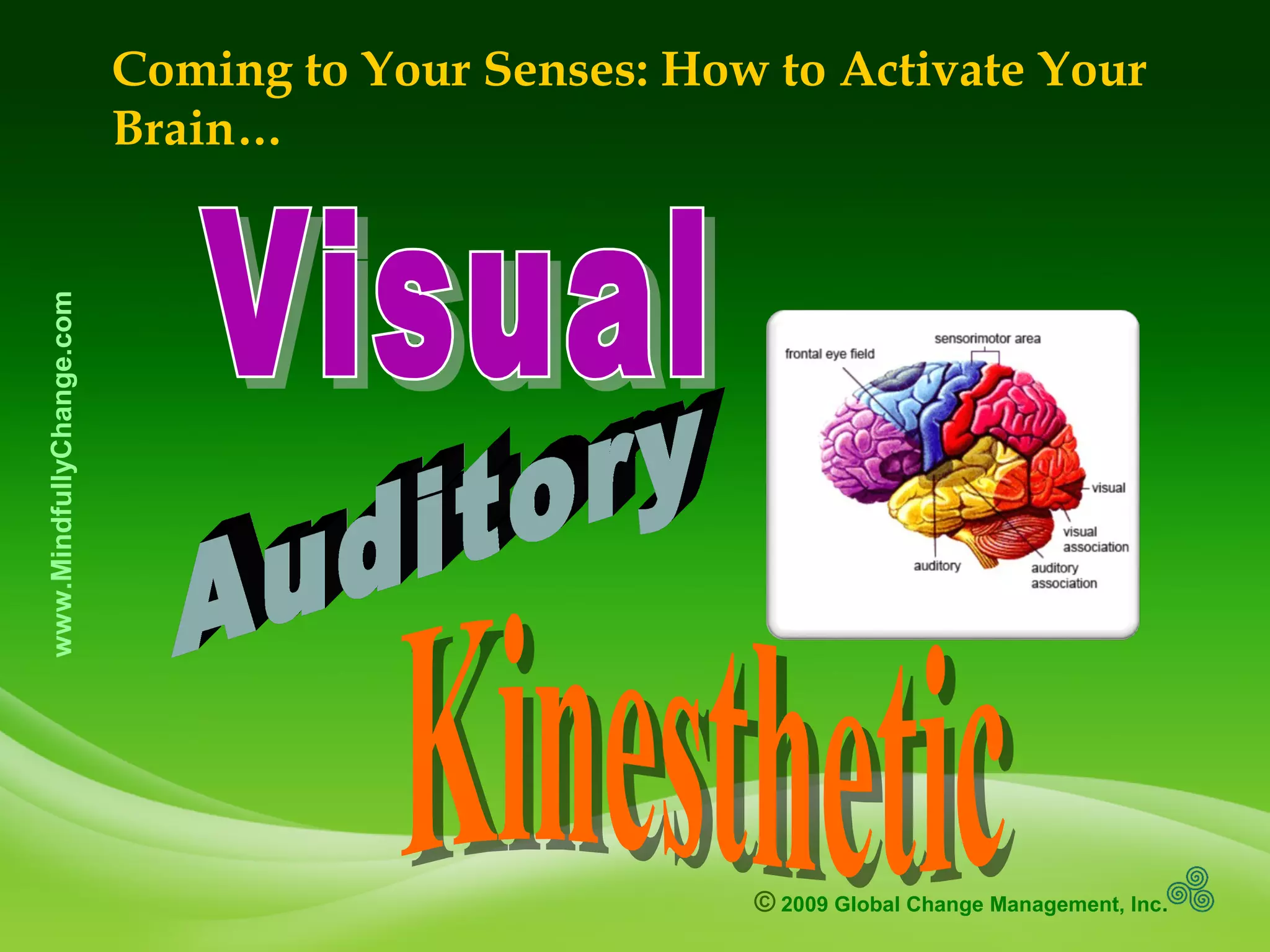 © 2009 Global Change Management, Inc.
www.MindfullyChange.com
Coming to Your Senses: How to Activate Your
Brain…
 
