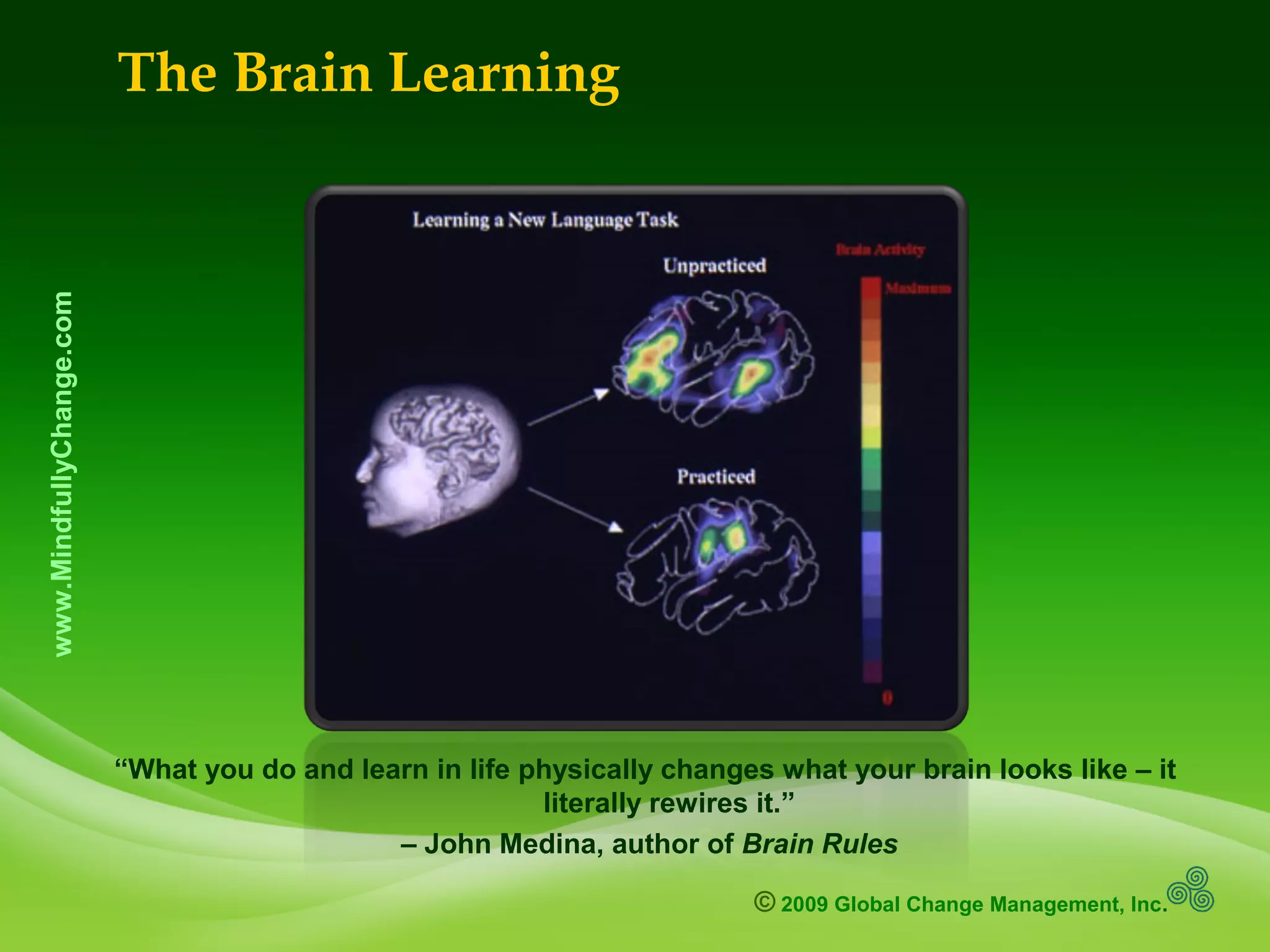 © 2009 Global Change Management, Inc.
www.MindfullyChange.com
The Brain Learning
“What you do and learn in life physically changes what your brain looks like – it
literally rewires it.”
– John Medina, author of Brain Rules
 