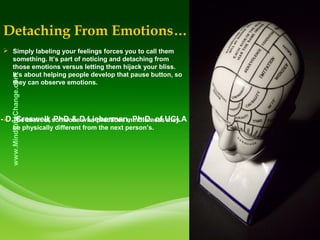 © 2009 Global Change Management, Inc.
www.MindfullyChange.com
Detaching From Emotions…
- D. Creswell, PhD & D Lieberman, Ph.D. of UCLA
 Simply labeling your feelings forces you to call them
something. It’s part of noticing and detaching from
those emotions versus letting them hijack your bliss.
It’s about helping people develop that pause button, so
they can observe emotions.
 The brain of someone who practices mindfulness may
be physically different from the next person’s.
 