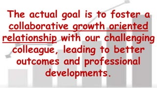 The actual goal is to foster a
collaborative growth oriented
relationship with our challenging
colleague, leading to better
outcomes and professional
developments.
 