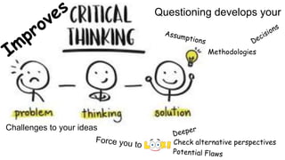 Questioning develops your
Methodologies
Challenges to your ideas
Check alternative perspectives
 