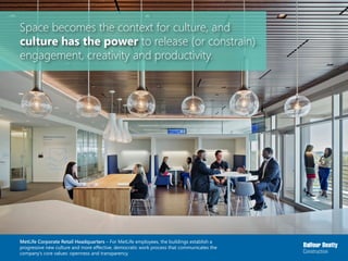 Space becomes the context for culture, and
culture has the power to release (or constrain)
engagement, creativity and productivity.
MetLife Corporate Retail Headquarters – For MetLife employees, the buildings establish a
progressive new culture and more effective, democratic work process that communicates the
company’s core values: openness and transparency.
 