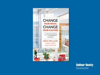 Change
your Space,
Change
your culture
How Engaging WorkspacEs
Lead to TransformaTion
and groWTh
ReX MILLeR
Mabel Casey
Mark konChar
MIller|Casey|konCharChangeyouRSpaCe,ChangeyouRCuLtuRe
$32.00 USA /$38.00 CAN
BUSINESS & ECONOMICS/General
Recent studies have exposed some scary and
dangerous realities about the workplace:
•	More than 70 percent of the workforce either
hates their job or they are just going through
the motions
•	Half of all office space is wasted
The dimensions of this crisis sparked a high drama
pursuit for answers. Like big city detectives, leaders
from well-known and respected American companies
raced to stop the killer of collaboration and creativity.
Then they discovered strategies to turn the workplace
into a landscape of innovation.
This book is the outcome.
We know that employee engagement is the key to
innovation; workers must care about the job at hand. But
what do you do when dreariness and disconnection are
baked into the workplace? How does business change
the culture, leading to places of creativity, resiliency and
growth?
The leaders behind this story learned that the answer
has been hiding in plain sight, that office space itself can
be the portal of significant change. Months of original
research and fieldwork all led to the breakthrough
insight that business must redesign the spaces where
old and dangerous habits live.
The authors expose deadly flaws in the way office space
is commonly approached, bid, and designed. The whole
process has been trapped in the sclerotic thinking of space
as “sunk costs.” Which leads to the practical conclusion that
design is not important, only minimizing the cost of design.
That has led to workplaces as soul-killing environments of
stressed, fragmented, and disengaged workers.
However, by designing space as a flexible, open,
and engaging workplace, employees reconnect with
the work.
Haworth
ewvISIon ofthe pRoduCtIve
nd InnovatIve woRkSpaCe
behind a complicated world that operated like a machine, to a much
world that operates more like an ecosystem,” he states, in a nutshell, the
workplaces that work in a hyper-connected world.”
enasy - Publisher / Editor in Chief at Metropolis Magazine
ating exploration of the multiple ways our work environments are hinder-
us get things done. Rex Miller has done a remarkable job of chronicling
hanges afoot in our culture and their impact on consciousness–a terrific
ower that form has on function.
author of Getting Things Done
n excellent treatise on a topic that has been long underserved. Every
personally involved in the design of the work environment, and this is
d if you want to understand why that’s important, what you should care
to proceed.
uthor, The Connected Company
pace will transform the way you think about workspace. An insipid work-
than a lost opportunity; it is a lodestone in a world where companies
to survive. This book offers actionable insights and real world exam-
strate how and why your workspace is critical for forming, shaping, and
rt of team and culture required for success. I found it so compelling that
incorporate the book into my “Building Innovation Teams and Cultures”
Kellogg.
Partner at Founder Equity and Digital Intent; teaches innovation at North-
sity Kellogg School of Management
 