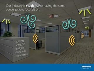 Our industry is stuck. We’re having the same
conversations focused on:
acoustics
lighting
budgets
standards
ergonomics
 