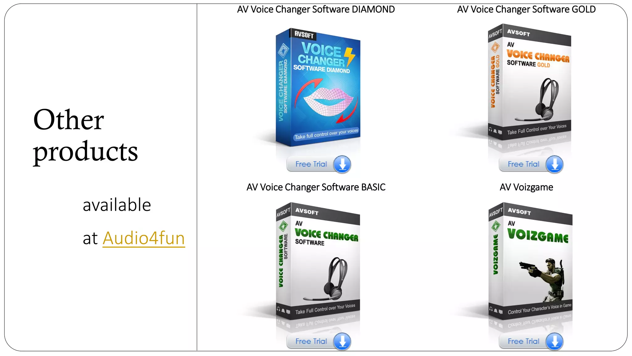 AV Voice Changer Software DIAMOND AV Voice Changer Software GOLD
AV Voice Changer Software BASIC AV Voizgame
Other
products
available
at Audio4fun
 