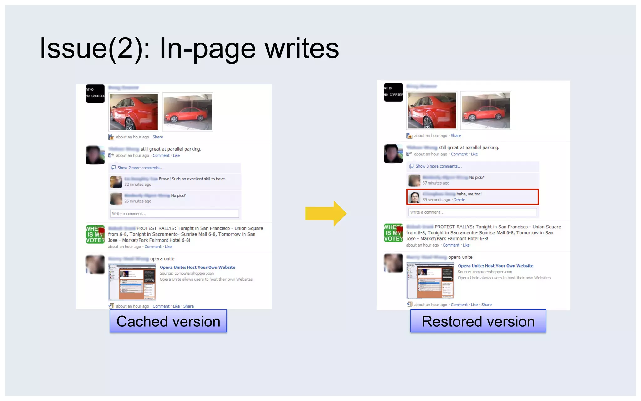 Issue(2): In-page writes




      Cached version       Restored version
 