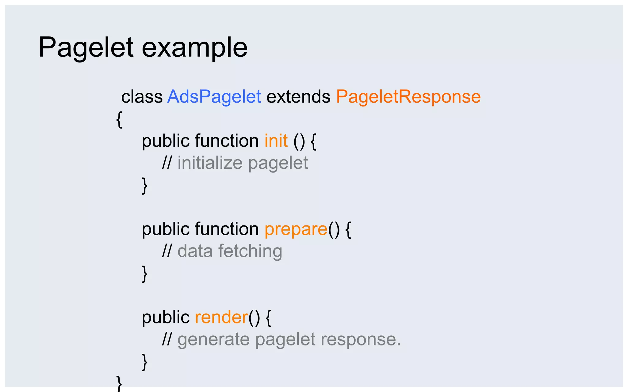 Pagelet example
      class AdsPagelet extends PageletResponse
     {
         public function init () {
           // initialize pagelet
         }

         public function prepare() {
           // data fetching
         }

         public render() {
           // generate pagelet response.
         }
     }
 