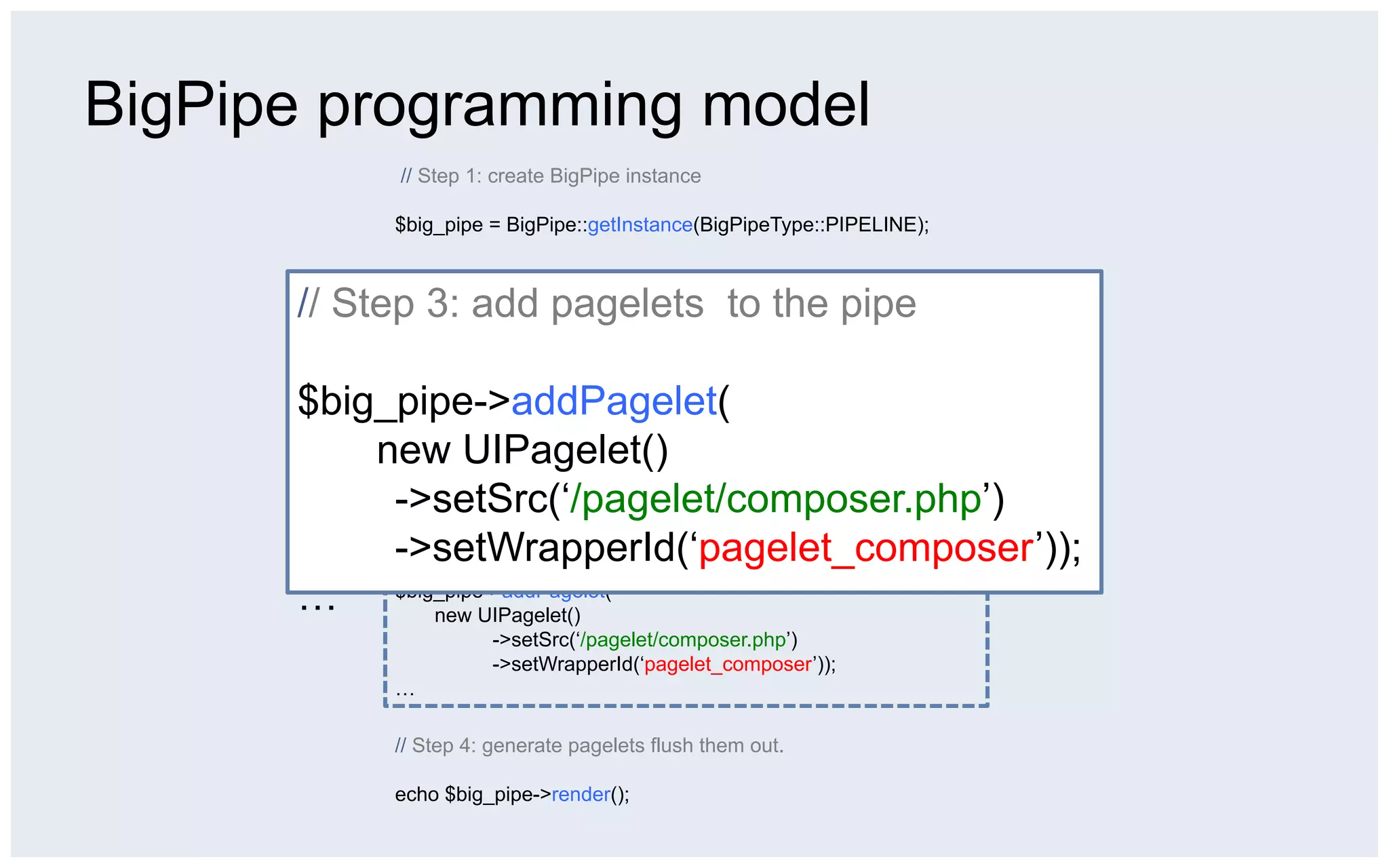 BigPipe programming model
           // Step 1: create BigPipe instance

           $big_pipe = BigPipe::getInstance(BigPipeType::PIPELINE);

           // Step 2: Specify page layout and pagelet place holders.
      // Step 3: add pagelets to the pipe
            $big_pipe->setPage(
               ‘<div id=“left_column”>
                  <div id=“pagelet_navigation”></div>
      $big_pipe->addPagelet(
                 </div>
                 <div id=“middle_column”>
          new UIPagelet()
                   <div id=“paglet_composer”></div>
                   <div id=“pagelet_stream”></div>
           ->setSrc(‘/pagelet/composer.php’)
                 </div>’);

           ->setWrapperId(‘pagelet_composer’));
           // Step 3: add pagelets to the pipe


      … $big_pipe->addPagelet(
                new UIPagelet()
                      ->setSrc(‘/pagelet/composer.php’)
                      ->setWrapperId(‘pagelet_composer’));
           …

           // Step 4: generate pagelets flush them out.

           echo $big_pipe->render();
 