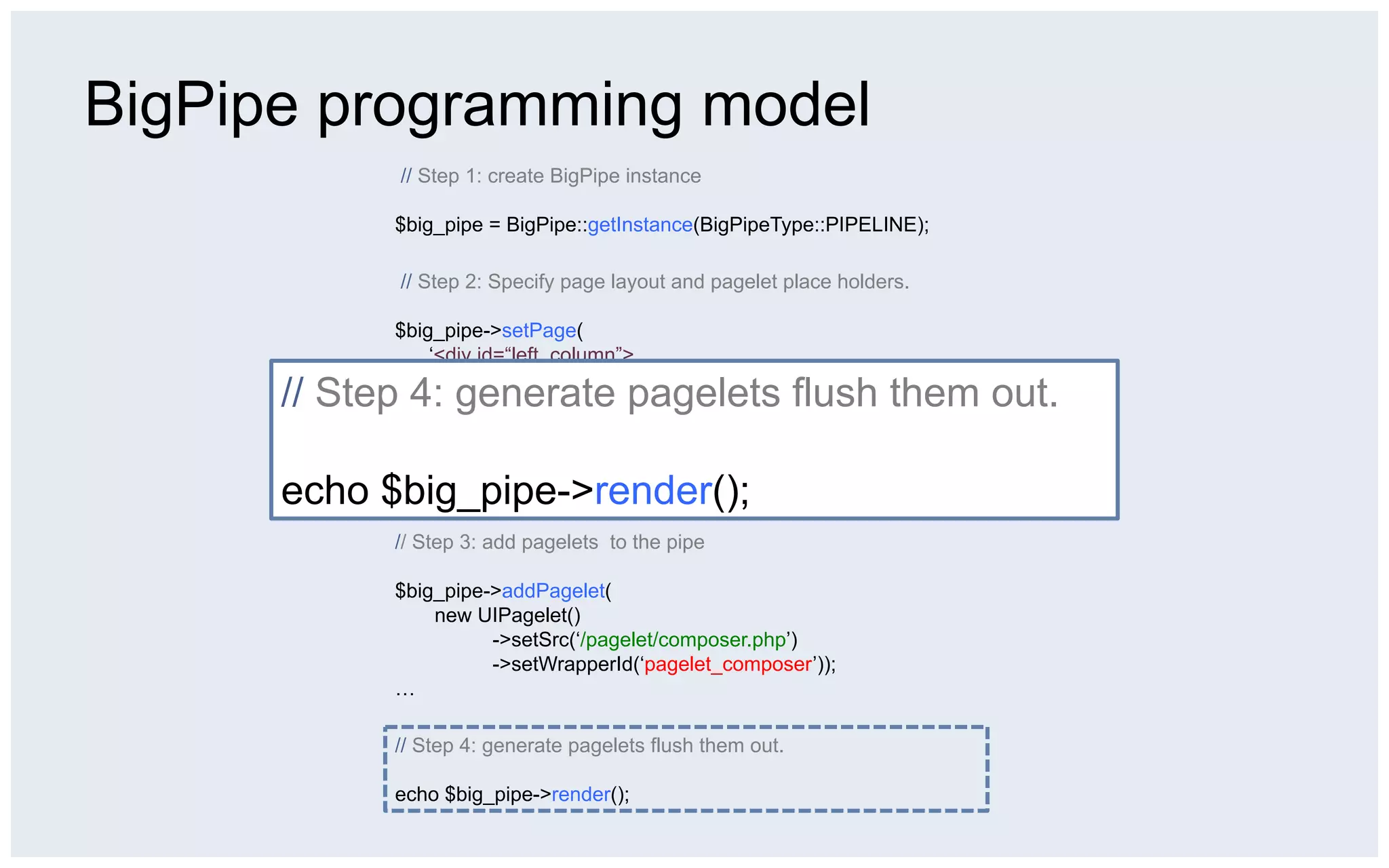BigPipe programming model
            // Step 1: create BigPipe instance

            $big_pipe = BigPipe::getInstance(BigPipeType::PIPELINE);

            // Step 2: Specify page layout and pagelet place holders.

            $big_pipe->setPage(
                ‘<div id=“left_column”>
                   <div id=“pagelet_navigation”></div>
      // Step 4: generate pagelets flush them out.
                  </div>
                  <div id=“middle_column”>
                    <div id=“paglet_composer”></div>
                    <div id=“pagelet_stream”></div>
      echo $big_pipe->render();
                  </div>’);

            // Step 3: add pagelets to the pipe

            $big_pipe->addPagelet(
                new UIPagelet()
                      ->setSrc(‘/pagelet/composer.php’)
                      ->setWrapperId(‘pagelet_composer’));
            …

            // Step 4: generate pagelets flush them out.

            echo $big_pipe->render();
 